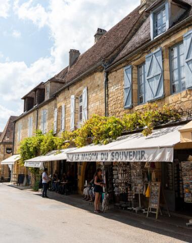 Ruelle principale de Domme bordée de maisons en pierre blonde, boutiques locales et terrasses ombragées, sous un ciel ensoleillé dans l’un des plus beaux villages de Dordogne.
