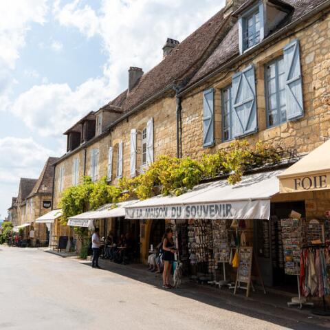 Ruelle principale de Domme bordée de maisons en pierre blonde, boutiques locales et terrasses ombragées, sous un ciel ensoleillé dans l’un des plus beaux villages de Dordogne.